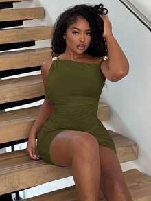 Alexandranx Fitted Ruched Metal Button Decoration Army Green Dress - Army Green - View 6