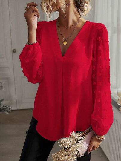 SHEIN PETITE Red, Petite V-Neck Chiffon Pom-Pom Patchwork Long-Sleeved Blouse For Women, Elegant And Sophisticated. Also Suitable For Women's Red Tops, Elegant Blouses, Vacation Wear, Beach Wear, Spring Wear, Valentine's Day Wear, And Vacation Wear.
