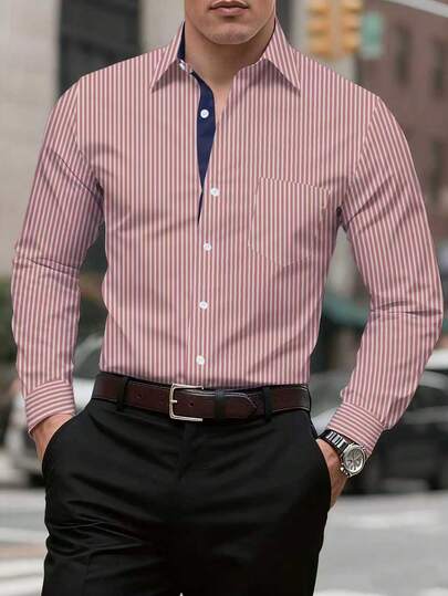 Manfinity Mode Camisa casual/de oficina de manga larga con bolsillo y de corte recto a rayas para hombres