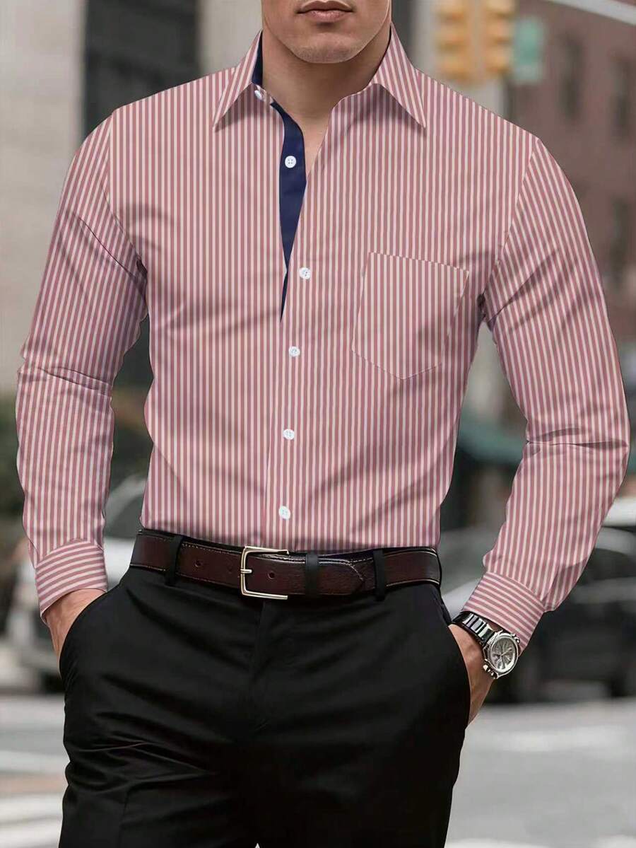 Manfinity Mode Camisa casual/de oficina de manga larga con bolsillo y de corte recto a rayas para hombres - Rojo y blanco - Ver 1