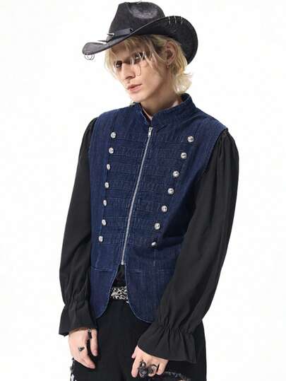 Street Life Men's Metal Button Design Zipper Front Casual Denim Vest