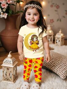 SHEIN Baby Girl Summer Loungewear Cute Cartoon Girl Print Pattern Burgundy Rose Star Moon Design White Floral Snug Fit Family Matching Vacation Loungewear - Multicolor - View 3