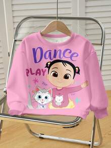 CoComelon X SHEIN Young Girl Casual Cute Cartoon Letter Print Dropped Shoulder Loose Crew Neck Sweatshirt, Suitable For Daily Commute - White - View 1