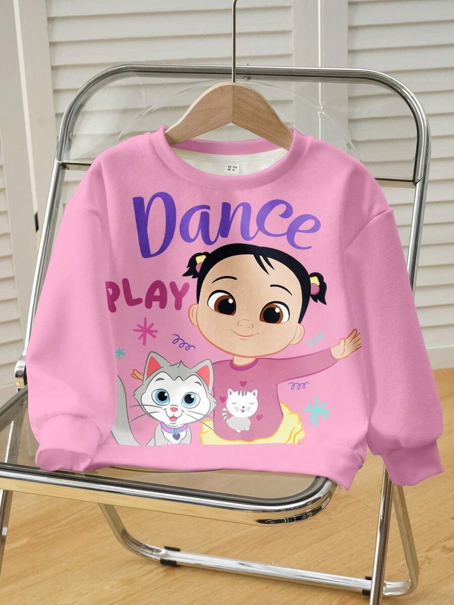 CoComelon X SHEIN Young Girl Casual Cute Cartoon Letter Print Dropped Shoulder Loose Crew Neck Sweatshirt, Suitable For Daily Commute - White - View 1