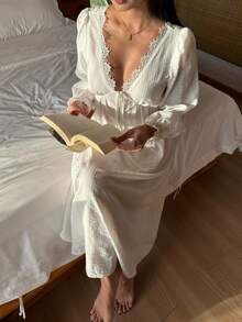 DAZY 度假风纹理条纹蕾丝拼接露背收腰中长款女士睡裙 - 白色 - 查看 3