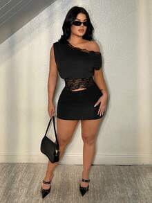 SHEIN SXY Black Elegant Lace Splice Asymmetric Collar Blouse - Black - View 5