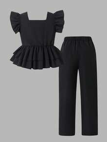 2pcs Tween Girls Fashion Ruffle Top & Pants Set - Black - View 2