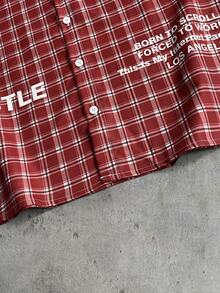 AXEPEAK Men's Plaid Collar Single-Breasted Letter Print Casual Commuter Short Sleeve Shirt - Red - View 7