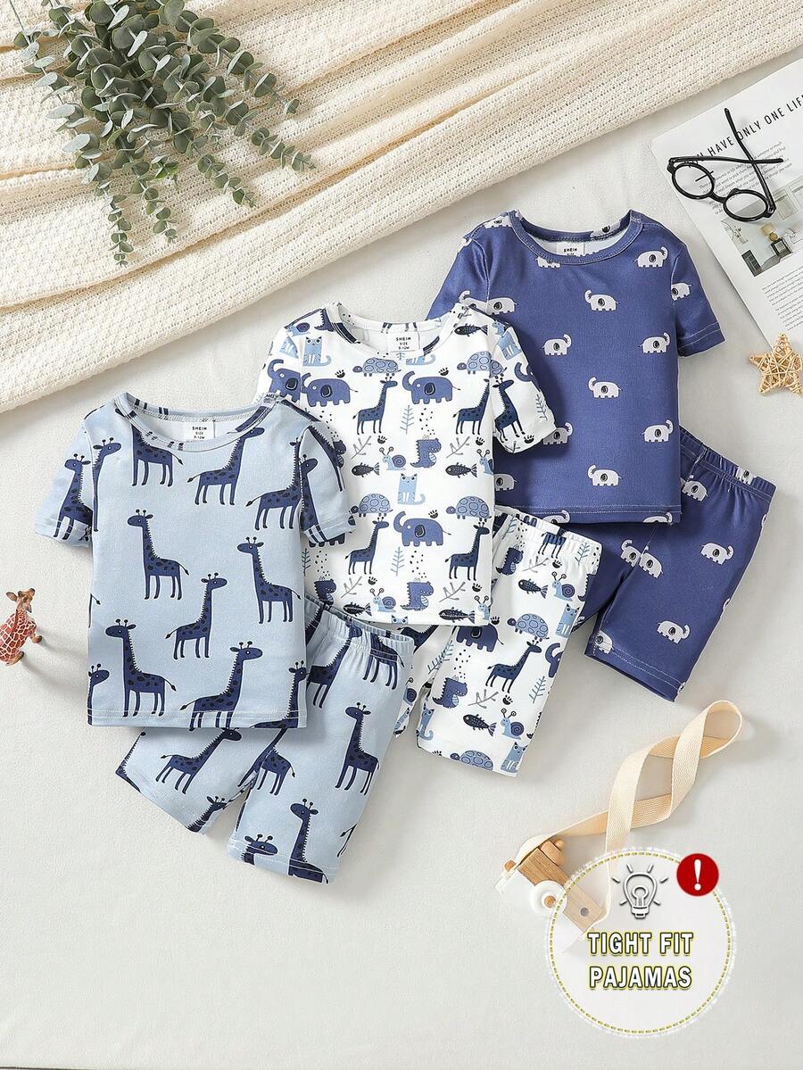 6pcs Tight Fit Pajama Set For Toddler Boys, Cute Cartoon Giraffe, Elephant & Animal World Print Long Sleeve T-Shirt And Shorts - Multicolor - View 1