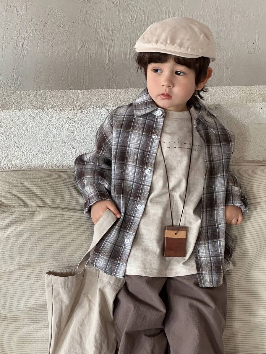 DAZY 男童休闲宽松格子衬衫，日系秋季款 - 棕色 - 查看 1