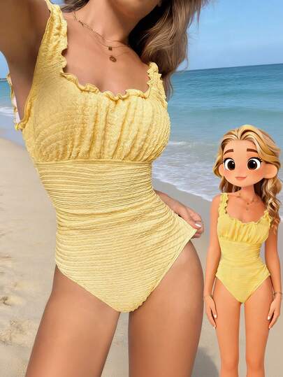 Swim Mod Women's Textured Fabric Sweet One-Piece Bikini Swimsuit, Elegant Slimming Beach Resort Swimwear For Party, Beach, Sunbathing, Swimming Pool