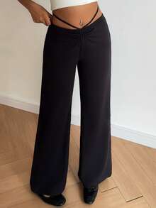Flirla Women's Casual Drawstring Tie Flared Pants - Black - View 3