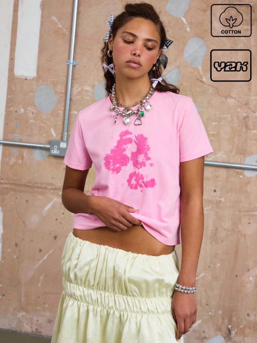 COUREZ Áo thun ngắn tay cho bé gái với họa tiết hoa / Áo mùa hè cho nữ, chất liệu cotton Y3K, kiểu vintage Y2K. - Hồng - Xem 1