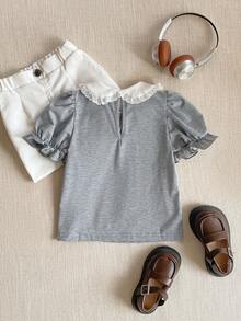 PrepCrw Camiseta de manga abullonada con cuello Peter Pan, decoración de lazo y contraste de color, estilo preppy para niñas jóvenes - Gris - Ver 3