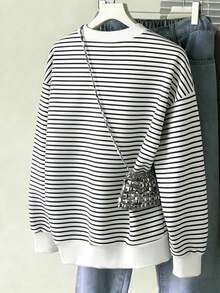 Resyla 水钻花朵条纹印花圆领休闲女式卫衣，可爱甜美，适合秋冬季节，女士礼物，节日卫衣，时尚T恤，漂亮卫衣，送给兄弟姐妹的礼物，趣味卫衣，休闲简约时尚卫衣 - 白色 - 查看 2