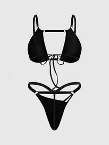 ROMWE Women's Gothic Mesh Triangle Bra And Thong Lingerie Set, Sexy - Black - View 2