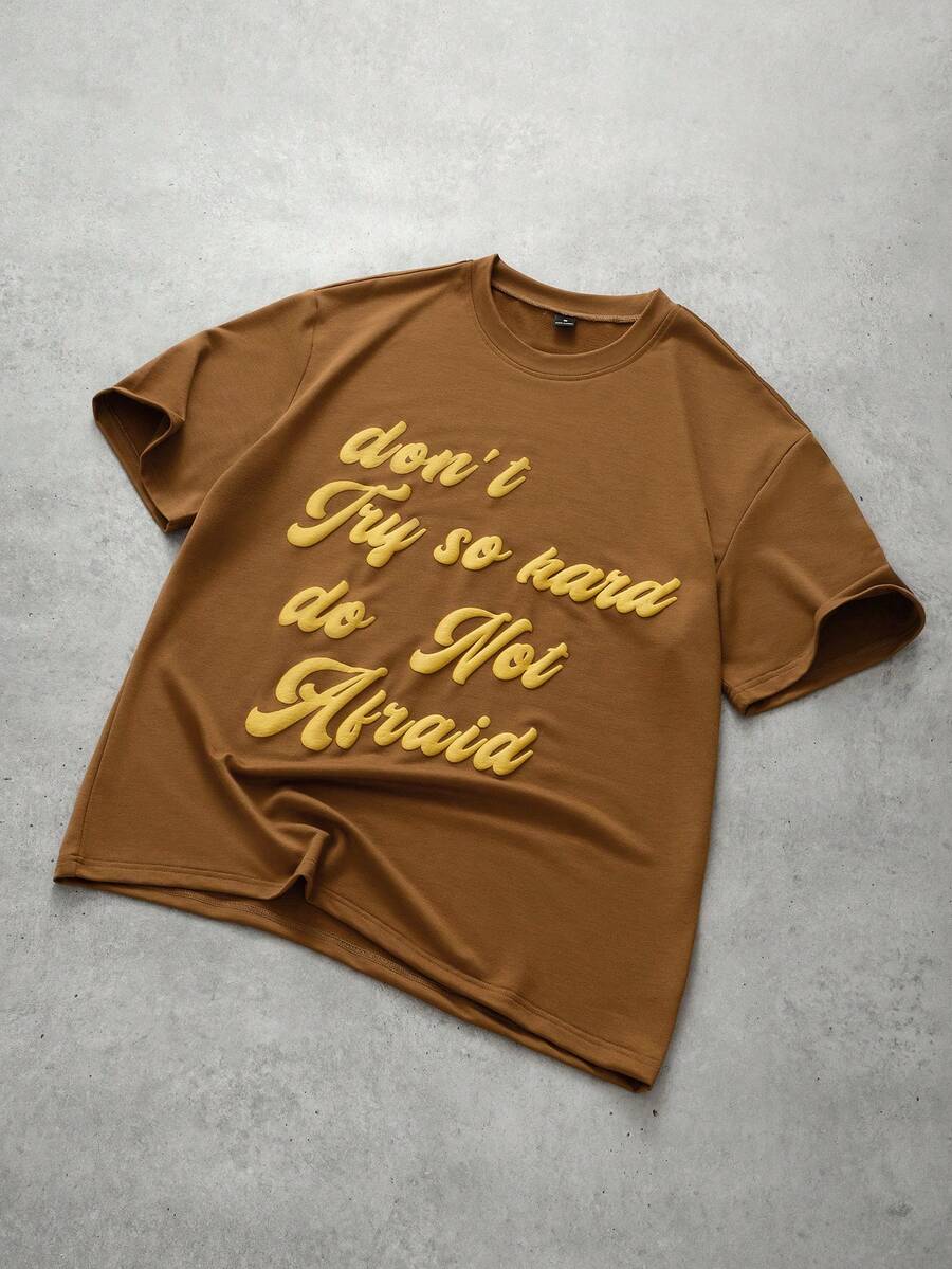 Manfinity Roghcode Men's Casual Slogan Print Short Sleeve T-Shirt, Summer - Brown - View 1