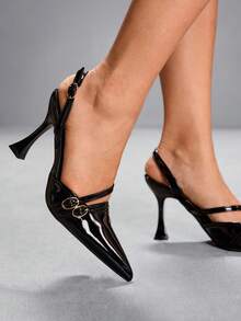 CUCCOO SZL 女士尖头高跟鞋，9厘米优雅酒杯鞋跟，酒红色女士高跟鞋，棕色露跟带镜面装饰PU皮革，易于穿脱的搭扣黑色高跟鞋，适合日常/派对/约会/办公场合，女士鞋履，情人节礼物 - 靜夜黑色 - 查看 10