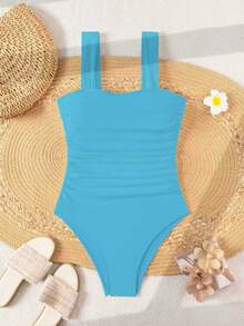 Oceva Springbreak Women's Solid Color Ruched Strap Minimalist One-Piece Swimsuit, Festival Boho Modest One Piece Swimsuit Tummy Control Bathing Suit