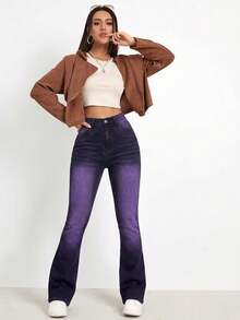 Flexra Tvättade denimblå jeans med hög midja och blekta tvättade utsvängda ben - Svart - Visa 2