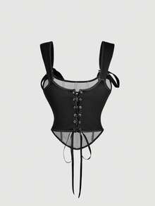 SHEIN MOD 女士印花前系带不对称下摆宽肩带上衣，春夏款，复古风，优雅上衣，外出上衣，情人节，嘉年华，下午茶，度假，印花上衣，黑色束身衣，生日，舞会 - 黑色 - 查看 2