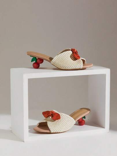 SHUZIA 女士缎带装饰樱桃形高跟日常派对性感沙滩优雅拉菲草天然凉鞋