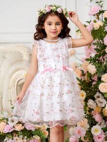 Polyester Sleeveless White Flared Hem Dress For Girls Cute Floral Embroidered Round Neck A Line Short Dress Ruffle Detail - White - View 5
