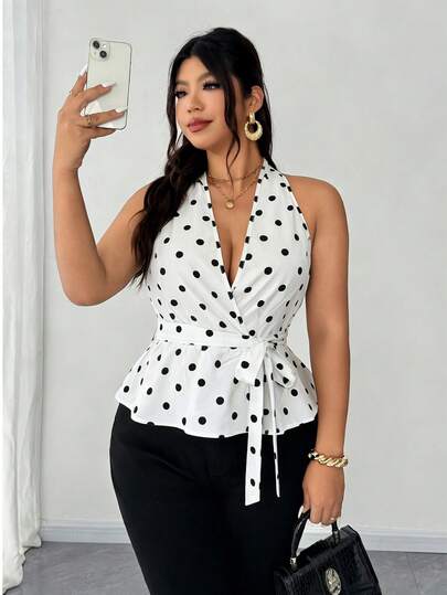 Elenzga Blusa de línea A con cintura ceñida, estampado de lunares y contraste de color, para ocasiones elegantes, vacaciones y uso diario, tallas grandes, primavera/verano