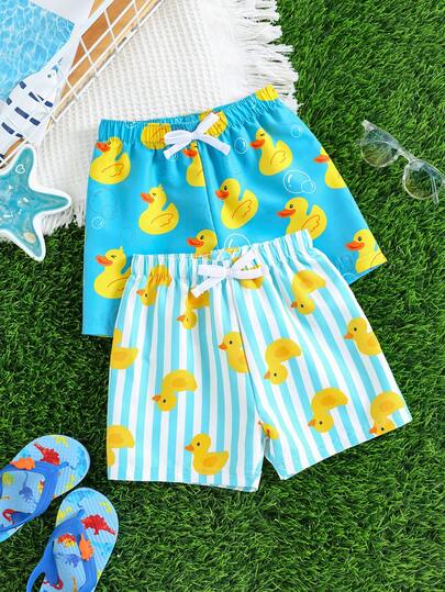 SHEIN 2pcs Baby Boy Summer Casual Vacation Duck Pattern Beach Shorts, Suitable For Beach, Spa, Daily Vacation, Swimming