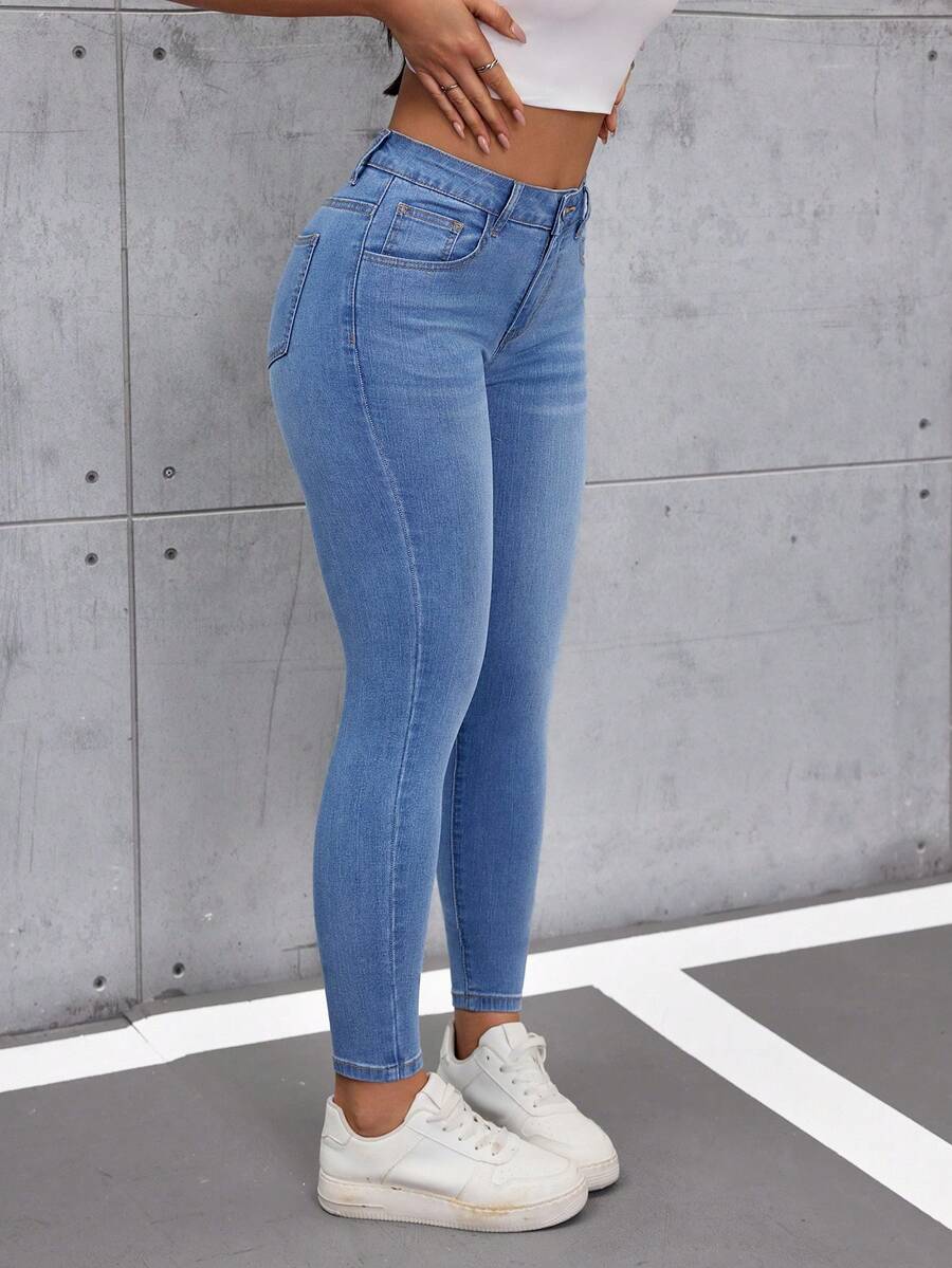 SHEIN Tall Women's Pocket Button Skinny Casual Commuter Jeans - Blue - View 1