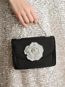 SHECARRY New Rhinestone Flower Handbag, Elegant Tote Bag, Fashionable Crossbody Bag, Formal Party Clutch - Black - View 7