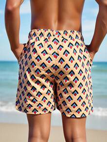 Manfinity Swimmode Men's Geometric Print Drawstring Waist Casual Versatile Beach Shorts Men Swim Trunks Couple Matching Swimwear For Couples - Multicolor - View 2