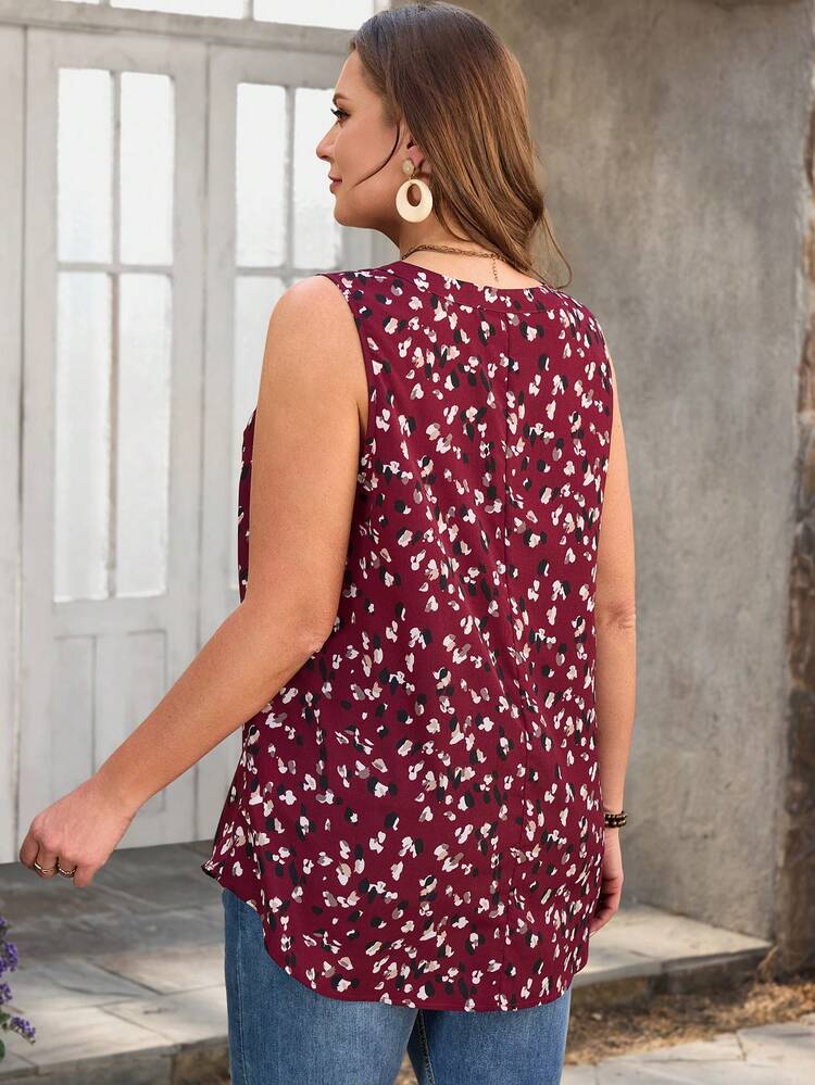 Plus Size Summer Casual Sleeveless Allover Print Blouse/ Vacation Summer Spring Floral Beach Vacation Bohemian Burgundy Summer Blouse