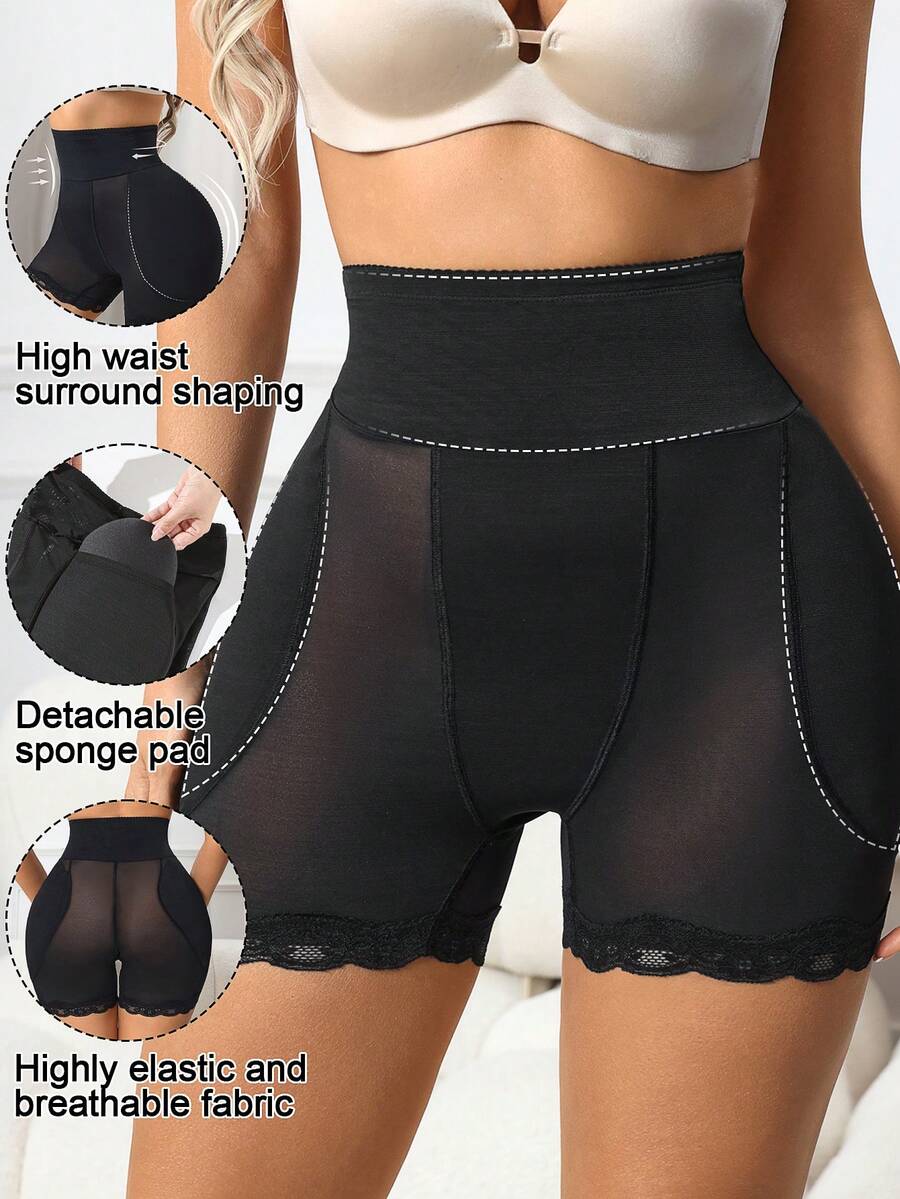 SHEIN 女士高腰收腹网眼拼接塑身裤 - 黑色 - 查看 1