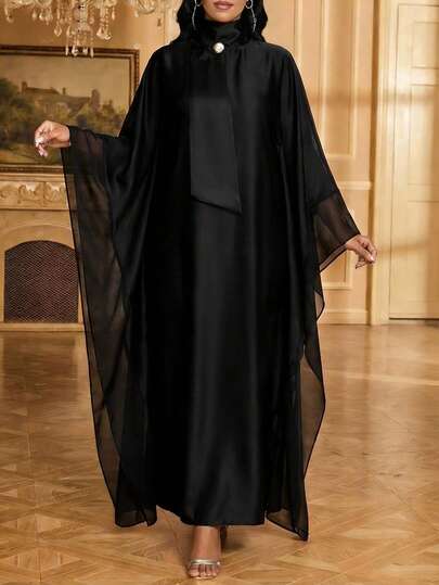 SHEIN Lady Women's Elegant Solid Color Modest Long Dress Abayas Muslim Women Butterfly Abaya Abayas Luxury Black Abaya Modest Dress