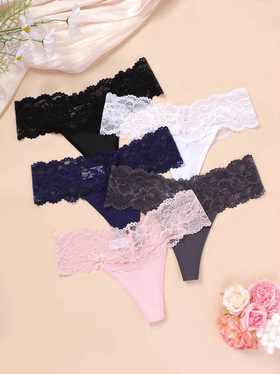 5件/套 女士优雅纯色蕾丝边丁字裤 - 彩色 - 查看 1