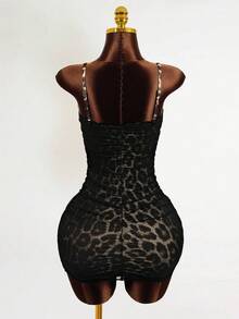 Mistrie 女士新款性感无袖抹胸豹纹褶皱网纱吊带短裙，YK2少女连衣裙 - 黑色 - 查看 2
