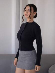 Andrea Bello Short Slim Front Button Solid Color Long Sleeve Simple Casual Knit Cardigan, Sweater,Short Women's Sweater,Women's Sweaters,Knit Sweaters,Winter Women's Clothing,Fall Women's Clothing,FW24,Tops For School - Black - View 4