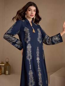 Al Najma New Notched Neck Gold Tassel Fringe Embroidery Elegant Casual Dress, Suitable For Daily, Vacation, Party, Traditional - Multicolor - View 4