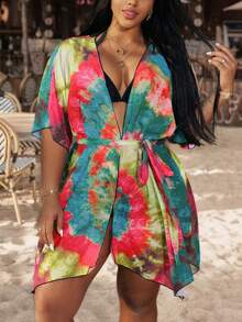Swim Vcay 大码女士彩色扎染印花和服浴袍，度假风 - 彩色 - 查看 5