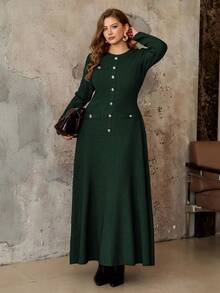 Roveilla Sophisticated Plus Size Dark Green Long Dress With Button Front Details And Round Neckline - Dark Green - View 6