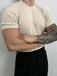 Manfinity Mode 男士純色短袖針織上衣 - 杏色 - 查看 2