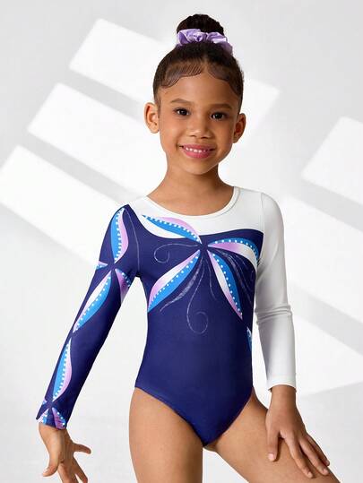 1pc Girls' Gymnastics Leotard, Long Sleeve Printed Stretchy Dancewear Activewear