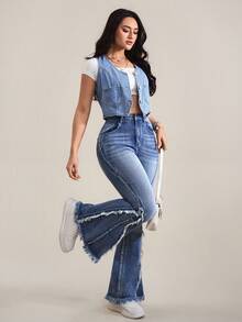 SHEIN Tall Women's Casual Distressed Slim Fit Flare Leg Jeans - Blue - View 5