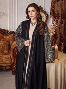 Al Najma Robe abaya arabe élégante avec patchwork de broderie de perles pour femmes grandes tailles - Noir - Voir 6