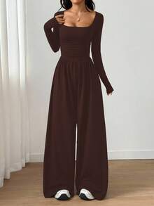 SHEIN Unity 女士纯色方领长袖褶皱休闲阔腿连体裤 - 咖啡棕 - 查看 4