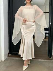 DAZY 女士优雅吊带鱼尾连衣裙配披肩，两件套，春夏款 - 米色 - 查看 5