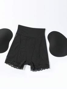 SHEIN 女士高腰收腹网眼拼接塑身裤 - 黑色 - 查看 3