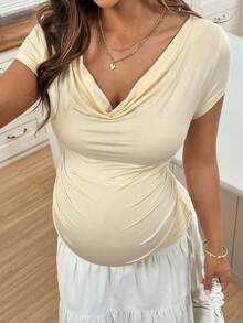 SHEIN Maternity Casual Solid Color Scoop Neck Fitted Short Sleeve T-Shirt, Summer - Yellow - View 5