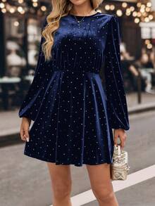 EMERY ROSE فستان قصير كاجوال أنيق للنساء بطبعة نقاط البولكا - أزرق بحري - مشاهدة 4